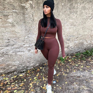 Two Piece Sets Women Solid Autumn Tracksuits High Waist Stretchy Sportswear  Hot Crop Tops And Leggings